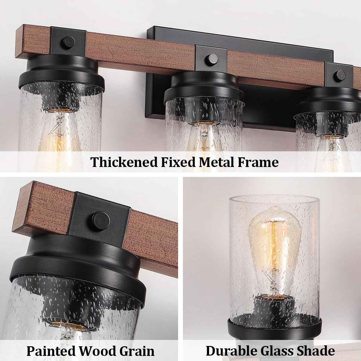 Farmhouse 2-Light Vanity Lights for Bathroom - Rustic Black Wood & Glass Sconces