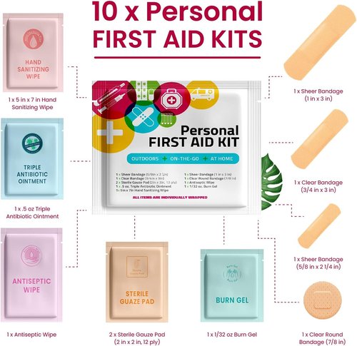 First Aid Kit by Portable Travel - 10 Pack | Essential for Home, Office, Car & Outdoor Adventures | Individually Wrapped Supplies