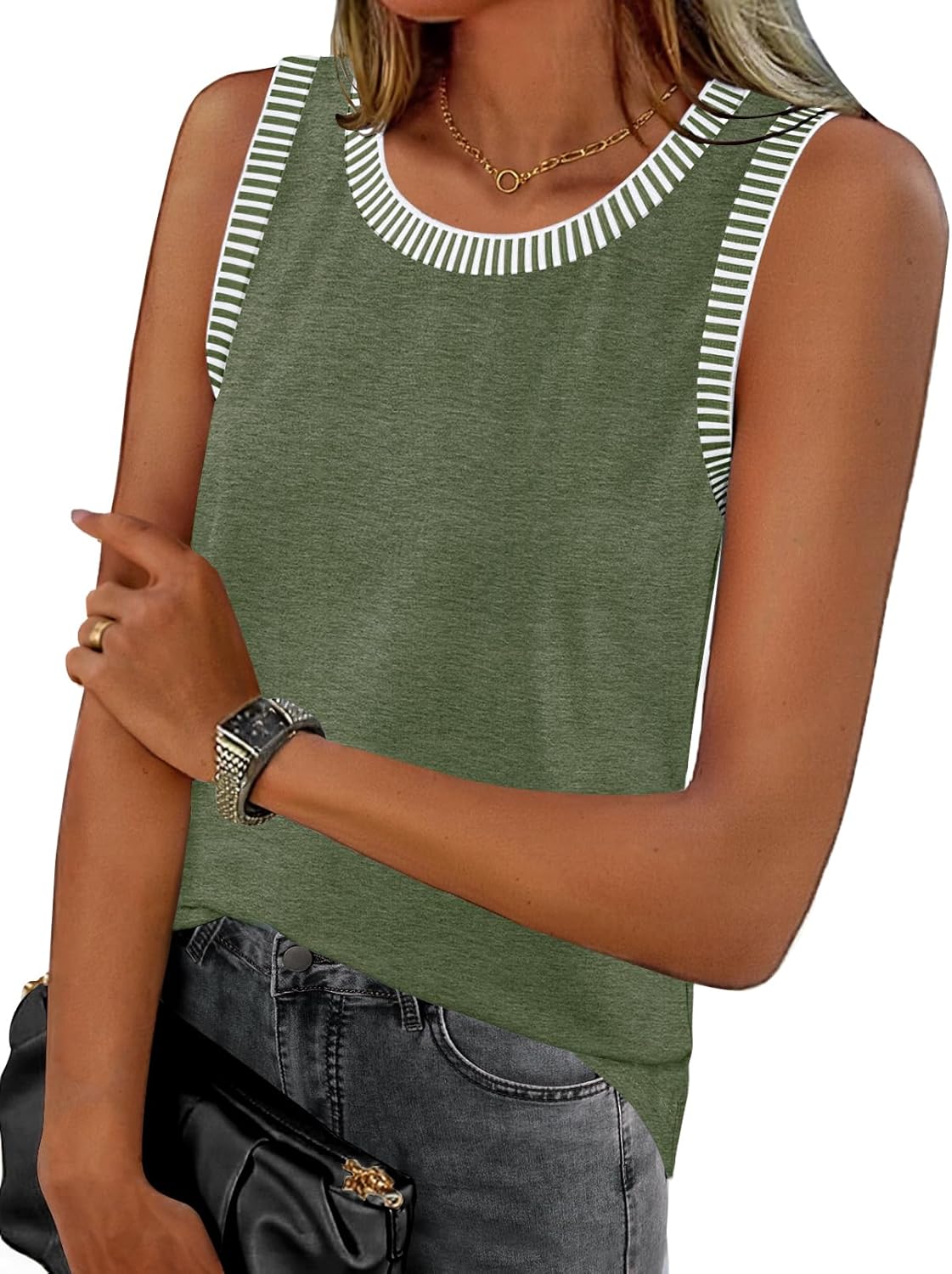MEROKEETY Women's Tank Tops - Casual Sleeveless Crew Neck T-Shirts | Striped Color Block Design for Summer