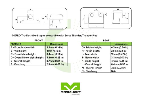Meprolight tritium Night Sights Compatible with Bersa Thunder Thunder Plus Green dots Glow on Sight self Illuminated Meprolight Fixed Metal Sights