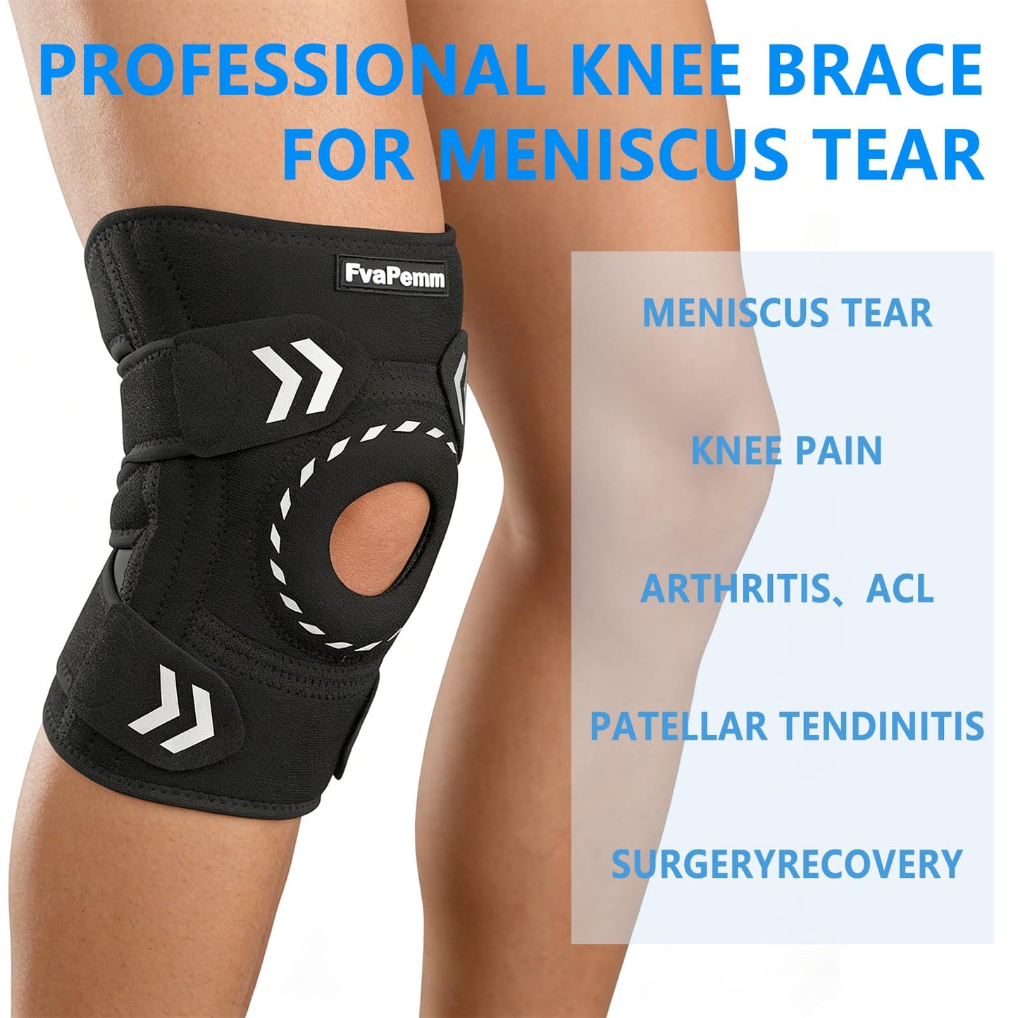 Knee Brace for Women Men-Knee Brace for Meniscus Tear-Adjustable Knee Support Brace with Side Stabilizers & Patella Gel Pads for Arthritis Pain, Knee Pain, Injury Recovery, Sports, Running, Working Out, Black