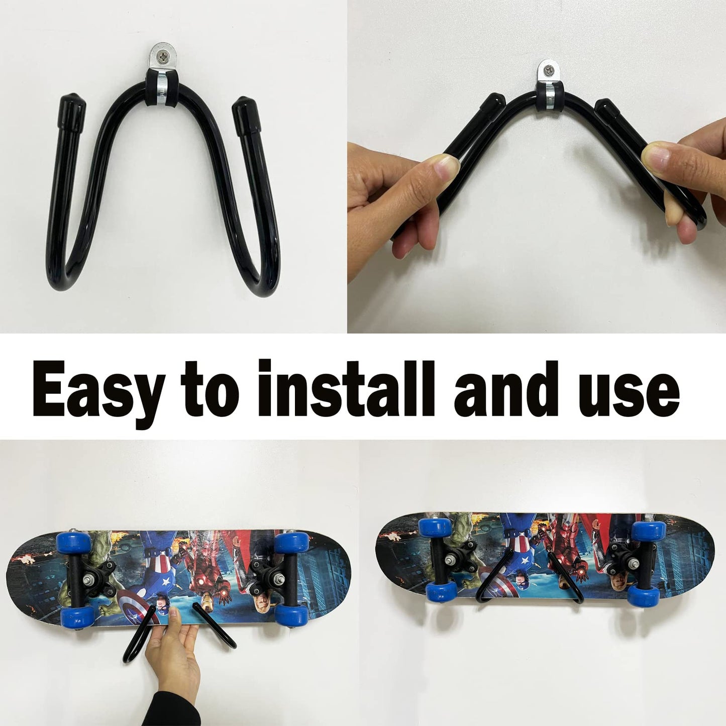 Pmsanzay Skateboard Wall Rack Storage, Holds 4 Boards, Longboard Wall Display Tool Rack, Deck Display Wall Mount Hanger Rack, Home and Garage Skateboard Storage Hanger