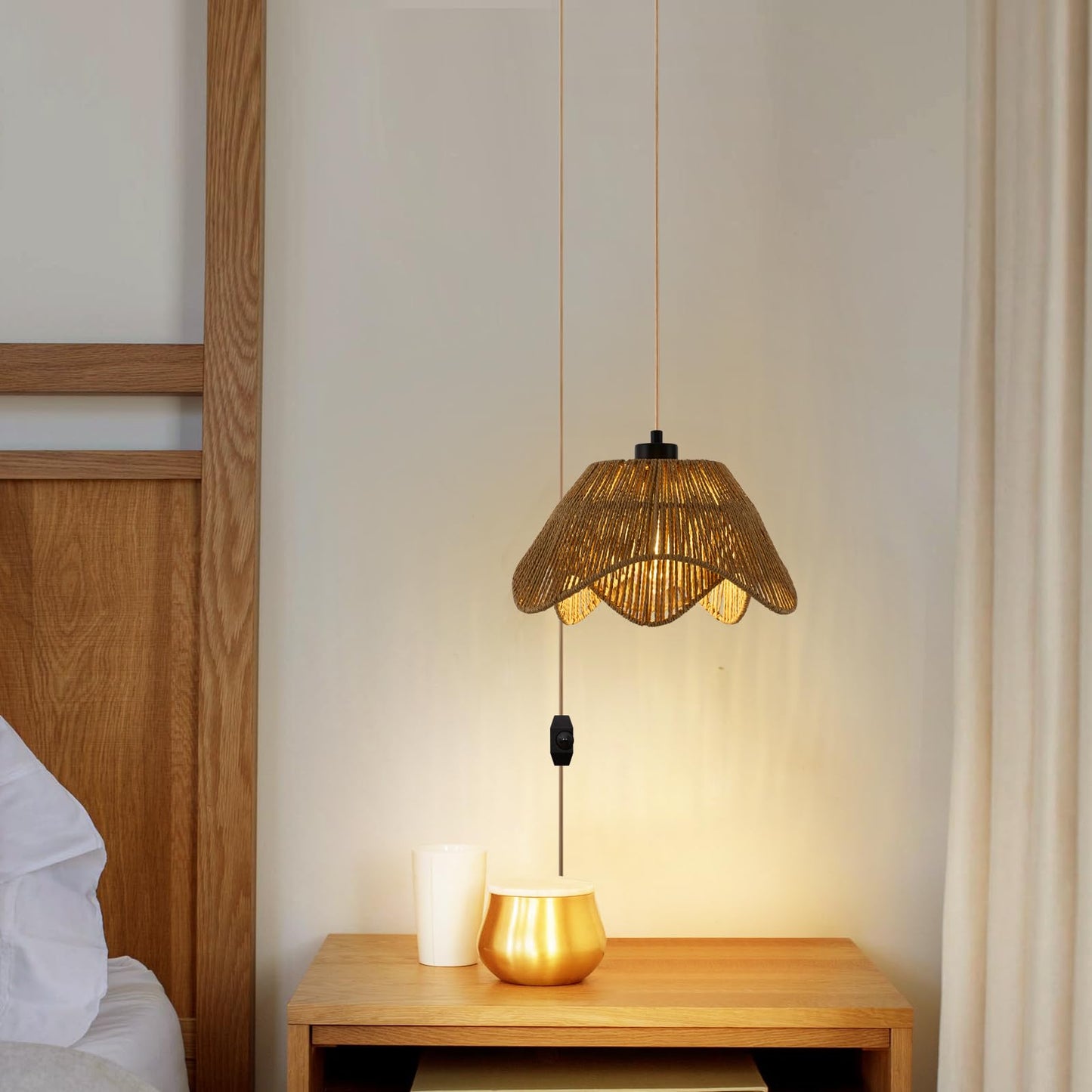 ZSDHXi Plug in Pendant Light, Boho Rattan Hanging Lights with Plug in Cord,Rustic Hand Woven Wicker Hanging Lamp with On/Off Switch, Adjustable Plug in Ceiling Light for Kitchen Bedroom Living Room