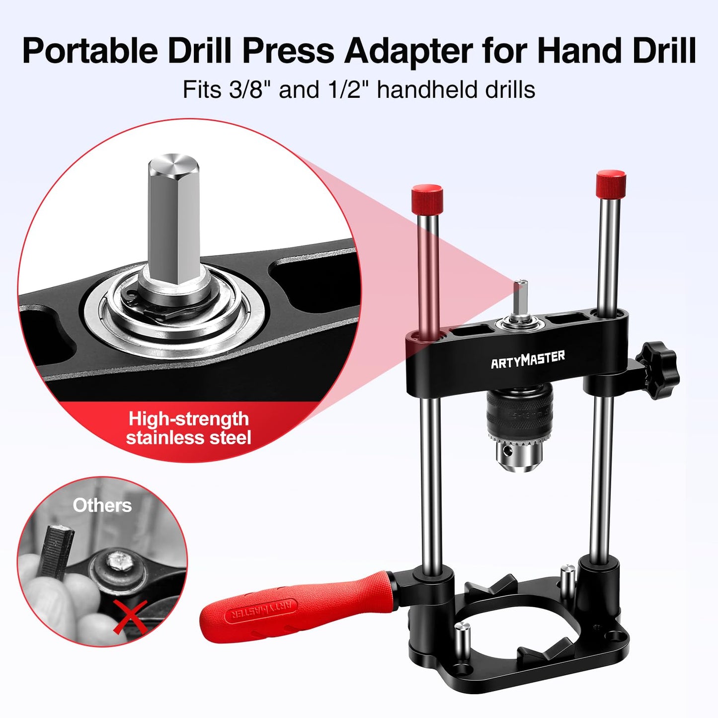 ArtyMaster Portable Drill Guide for Straight Holes, Portable Drill Press Adapter for Hand Drill, Stable & Accurate, Includes Chuck Key, Drill Straight Hole Jig for Woodworking, DIY WT116A
