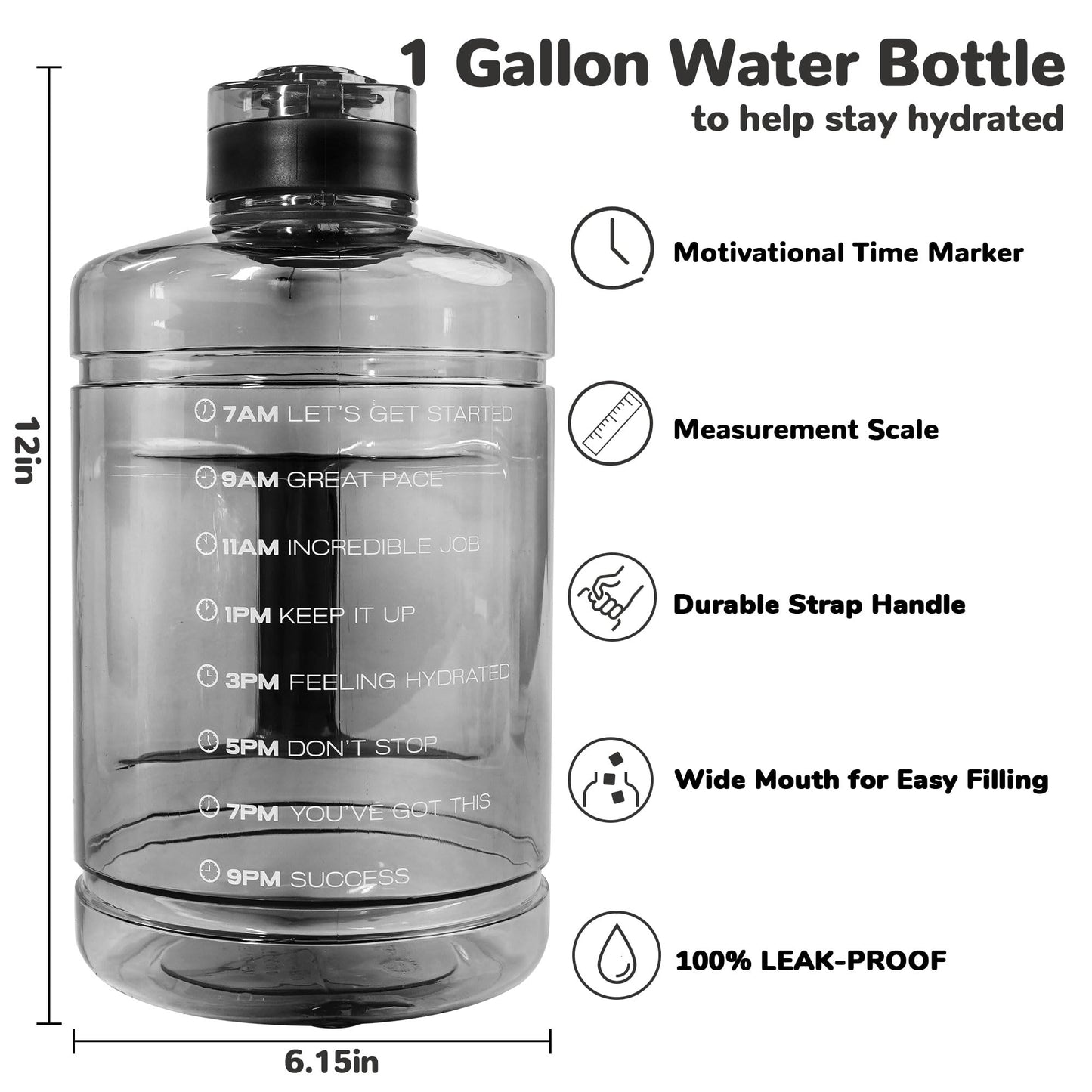 QD.SUZEE 1 Gallon Water Bottle, Water Jug with Motivational Time Marker & Strap & Handle,Large-Capacity leakproof water bottles for Travel Sport Gym Outdoor（Clear