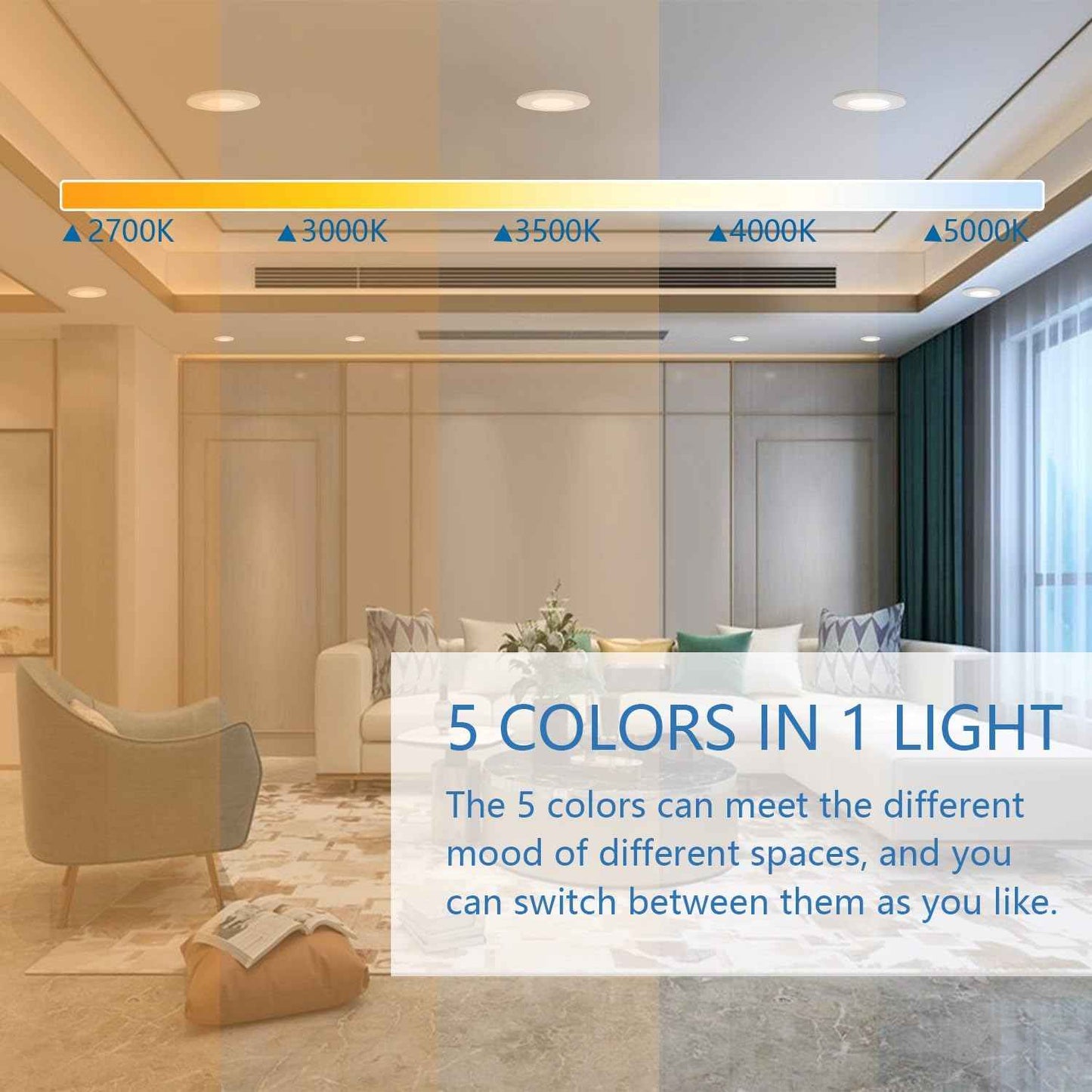 Jolux 5/6 Inch LED Recessed Lighting with Night Light,2700K/3000K/3500K/4000K/5000K Selectable Retrofit Downlight,12W=60W,800LM,Dimmable Can Lights, Damp Rated,Simple Installation,6-Pack