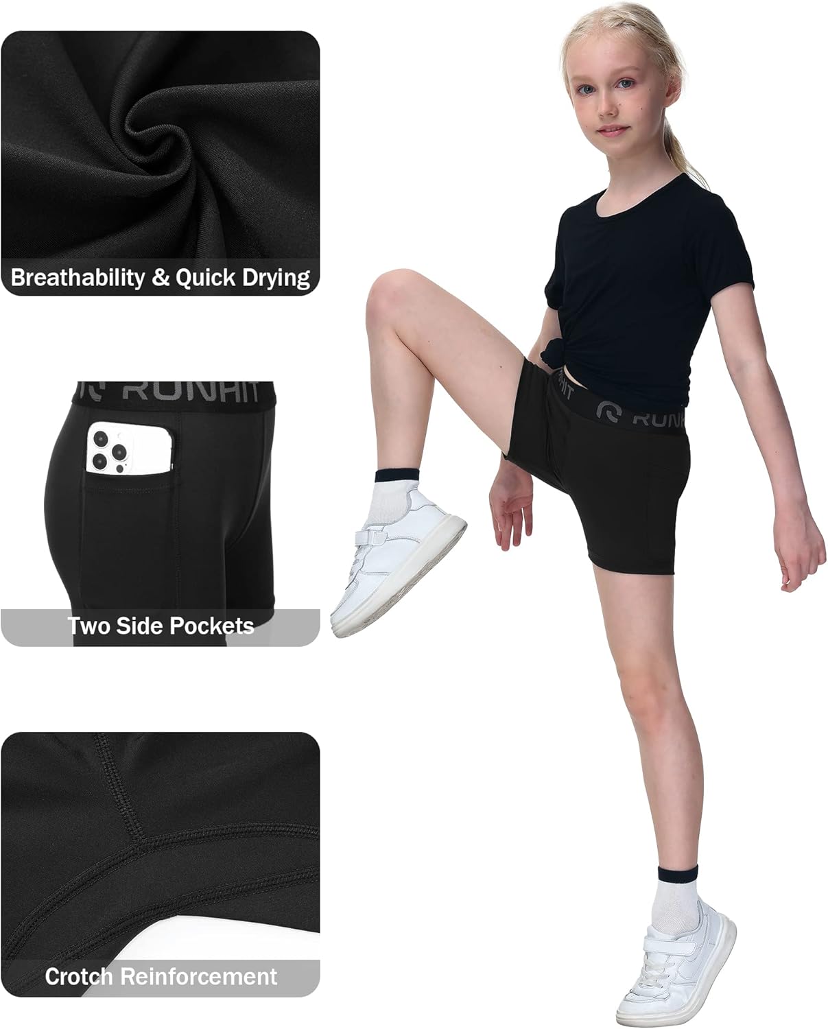 Runhit 4" Youth Girls Volleyball Shorts - Compression Spandex Biker Shorts with Pockets for Dance & Gymnastics