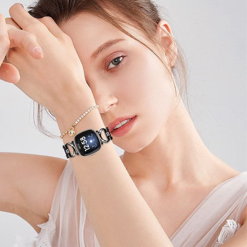 FitTurn for Fitbit Versa 4/Sense 2/Versa 3/Sense Bands for Women Men, Replacement Metal Cow horn + large fork Wristbands Strap with Bling Crystal Diamond Rhinestone Bracelet Bangle for Versa 4/Sense 2/Versa 3/Sense Smart Watch (Black)