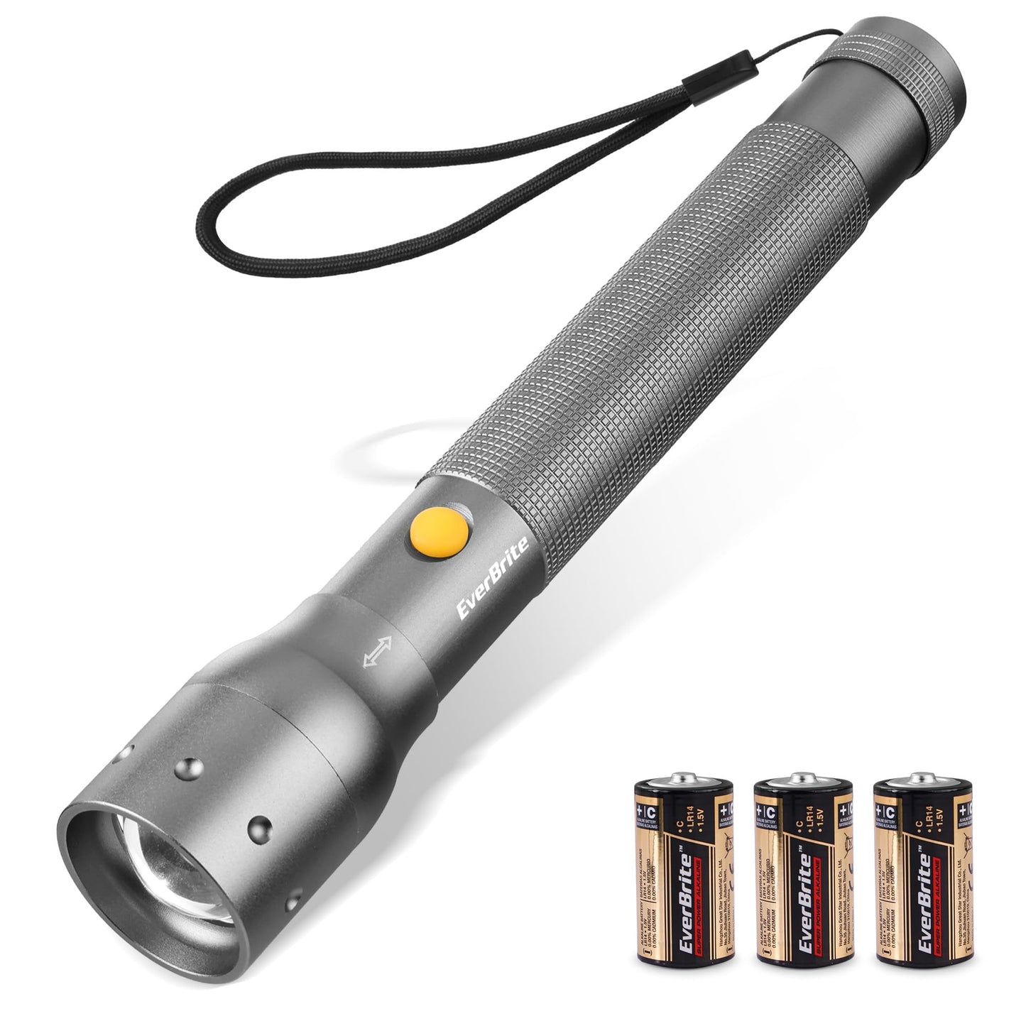 EverBrite Ultra Bright Tactical Flashlight, 900 Lumen Zoomable Adjustable Focus, 3 Light Modes, Heavy-Duty Aluminum Torch for Hurricane Supplies Camping, Includes 3C Alkaline Batteries-Gray