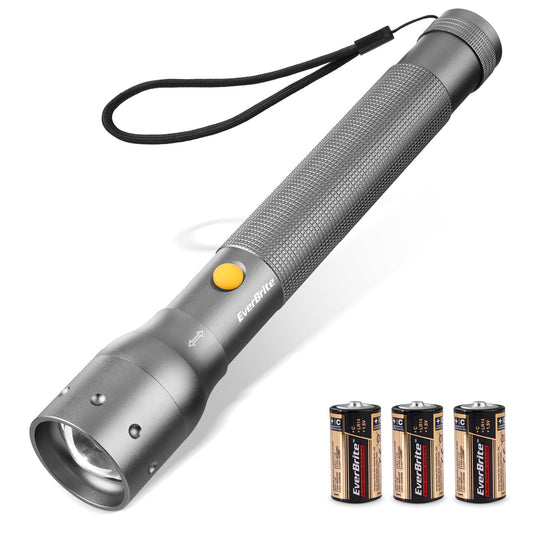 EverBrite Ultra Bright Tactical Flashlight, 900 Lumen Zoomable Adjustable Focus, 3 Light Modes, Heavy-Duty Aluminum Torch for Hurricane Supplies Camping, Includes 3C Alkaline Batteries-Gray