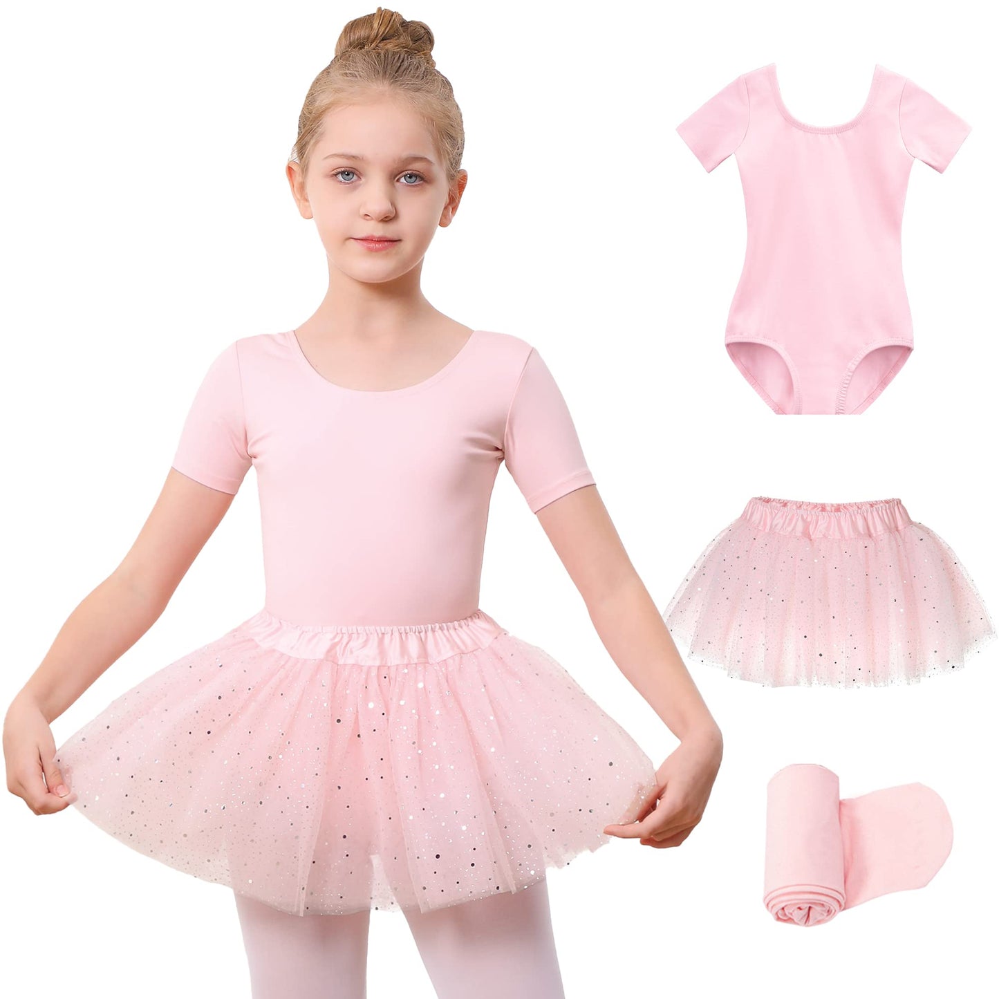 Stelle Girls Ballet Leotards Toddler Dance Outfit Combo with Shiny Tutu Skirt and Tights (Ballet Pink,2-3T)