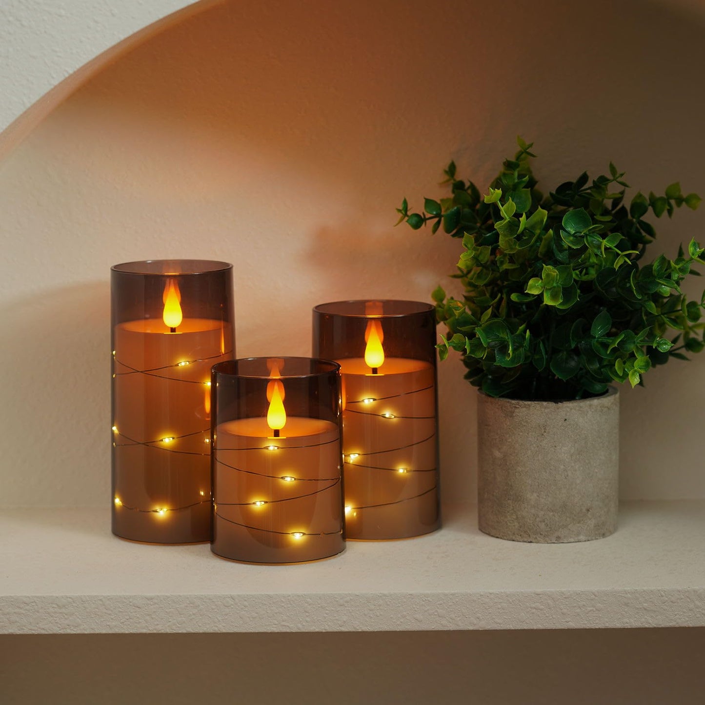 Amagic Grey Flameless Candles with Remote, Flickering Battery Operated Candles with Embedded Fairy Lights, Acrylic LED Candles with Timer for Halloween Home Bohemian Decor, 3D Wick, D3 x H4 5" 6"