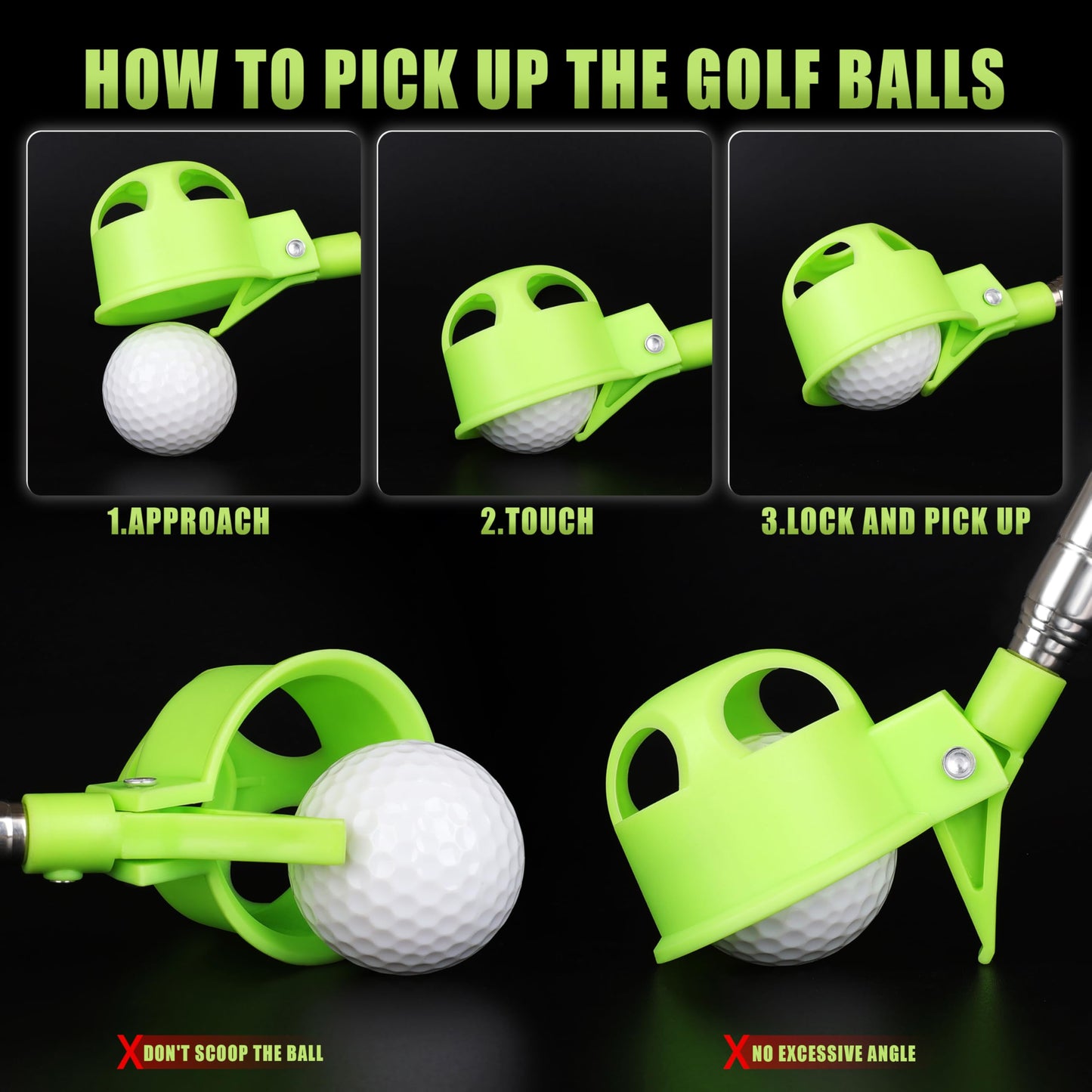 GEAVOUED Golf Ball Retriever for Water，9Ft/12Ft/14.5Ft/16.3Ft Telescopic Stainless Steel with Locking Clip Golf Ball Retriever (9Ft)