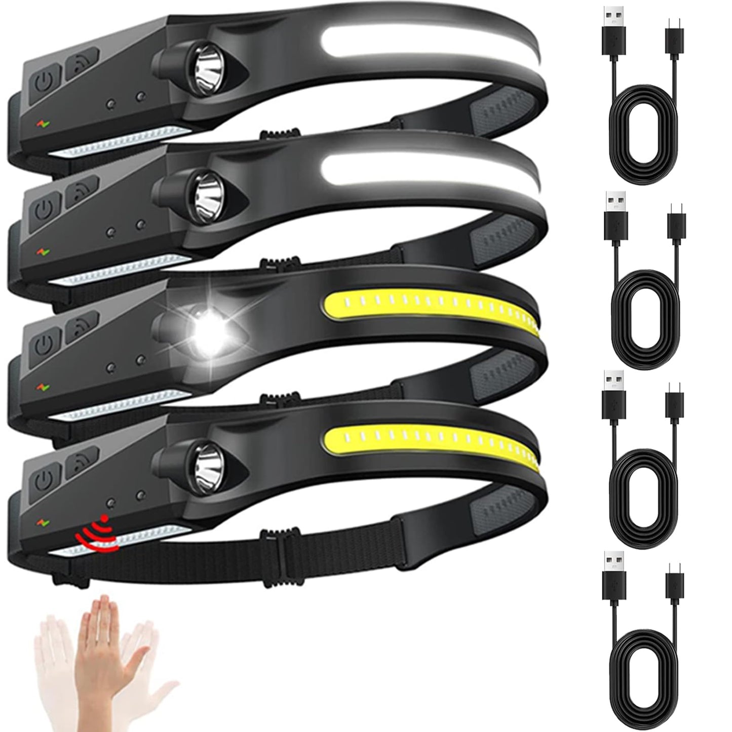 Rechargeable LED Headlamps 4 Pack without Hooks, 230° Wide Beam Head Lamp with Motion Sensor, USB C, IPX4 Waterproof, 5 Light Modes, Bright Hard Hat Headlight for Adults Camping Hiking Working