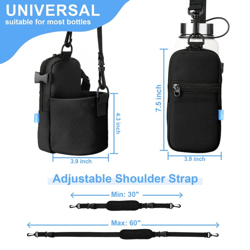 Xxerciz Water Bottle Carrier Bag with Phone Pocket Crossbody Sports Water Bottle Sling Pouch Holder with Adjustable Shoulder Strap, Universal Water Bottle Accessories for Walking Hiking (Black)