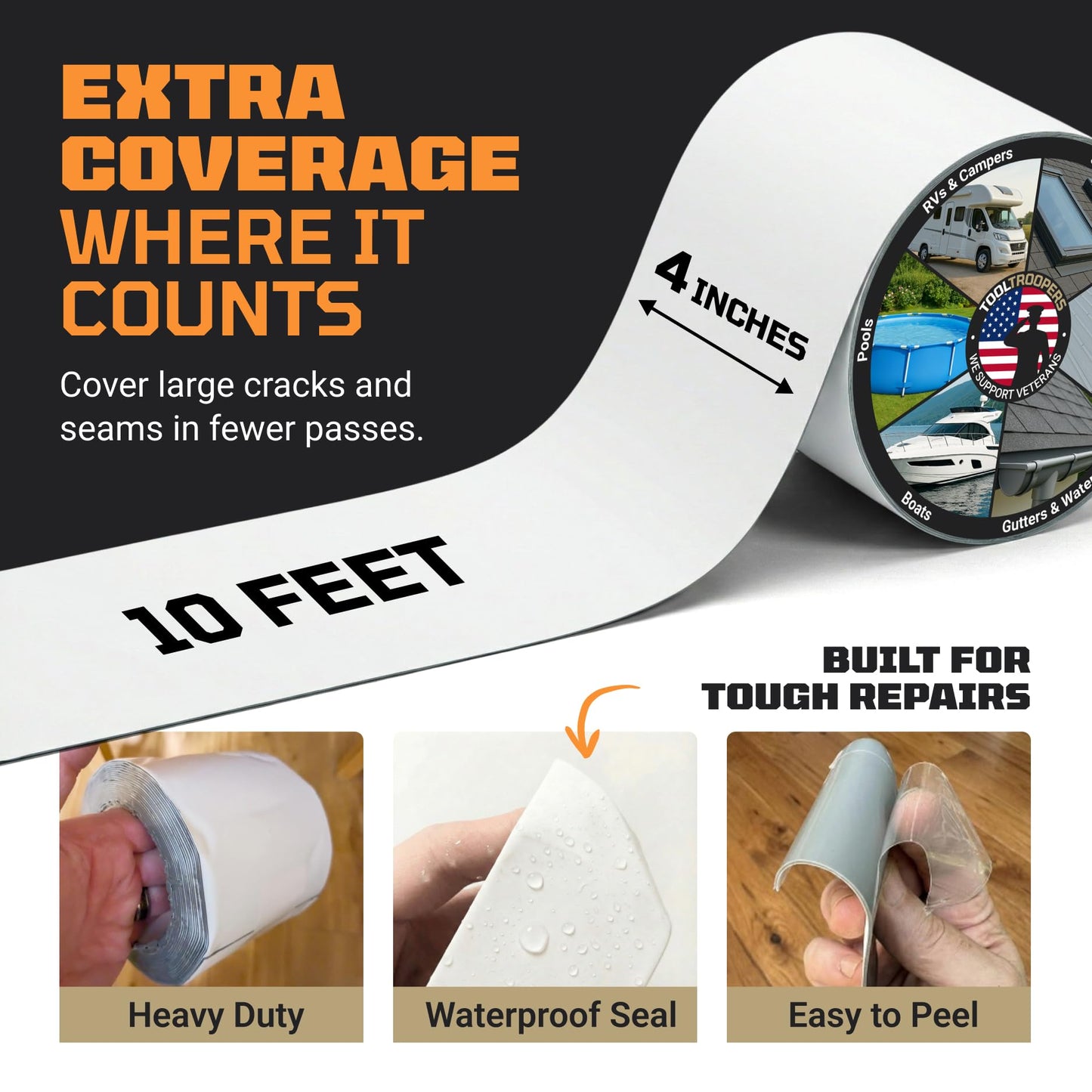 TITANPATCH PRO Waterproof Sealant Tape – White 4" x10' – Stops Leaks Fast & Stays Sealed for 15+ Years – Sticks to RVs, Roofs, Pools, Boats, Gutters – Built for Harsh Weather (-40°F to 190°F)