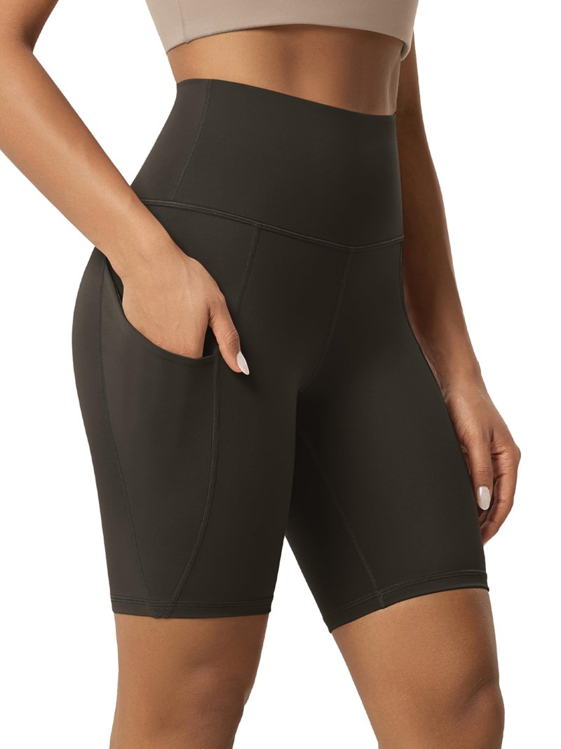 ODODOS 8" Tummy Control Biker Shorts for Women with Pockets High Waist Running Workout Athletic Yoga Shorts, Dark Brown, XX-Large