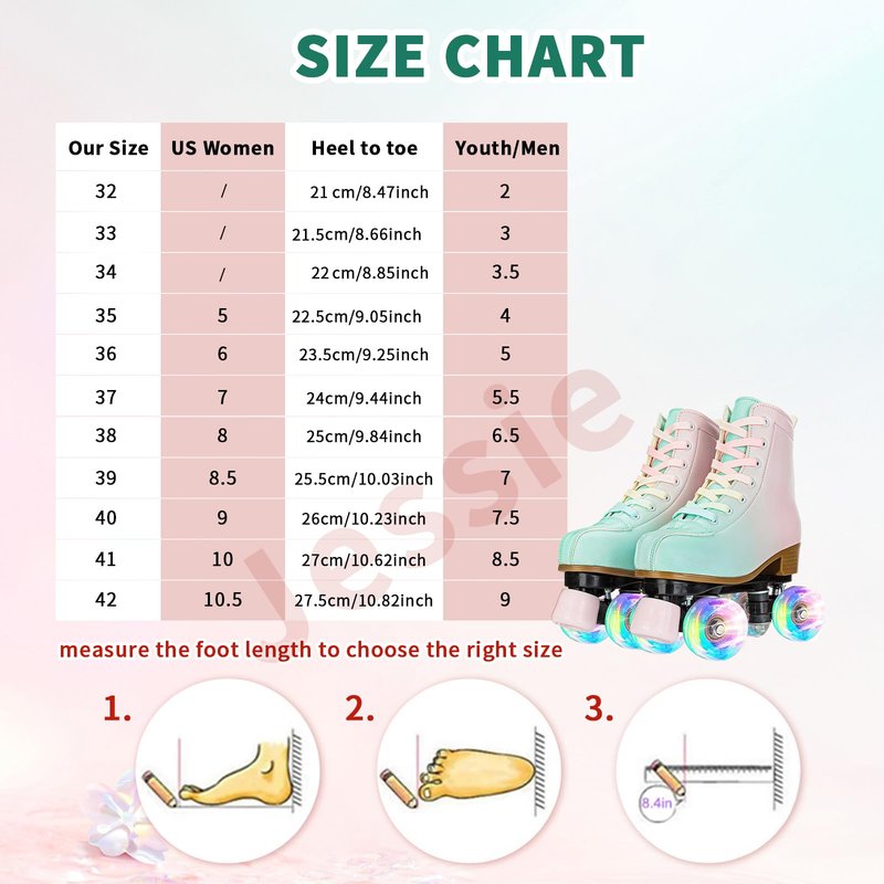 jessie Roller Skates for Girl and Women, PU Leather Fantastic Flash Wheel Kid Roller Skates Girls Ages 6-12 Beginner for Indoor Outdoor (Green Pink 35)