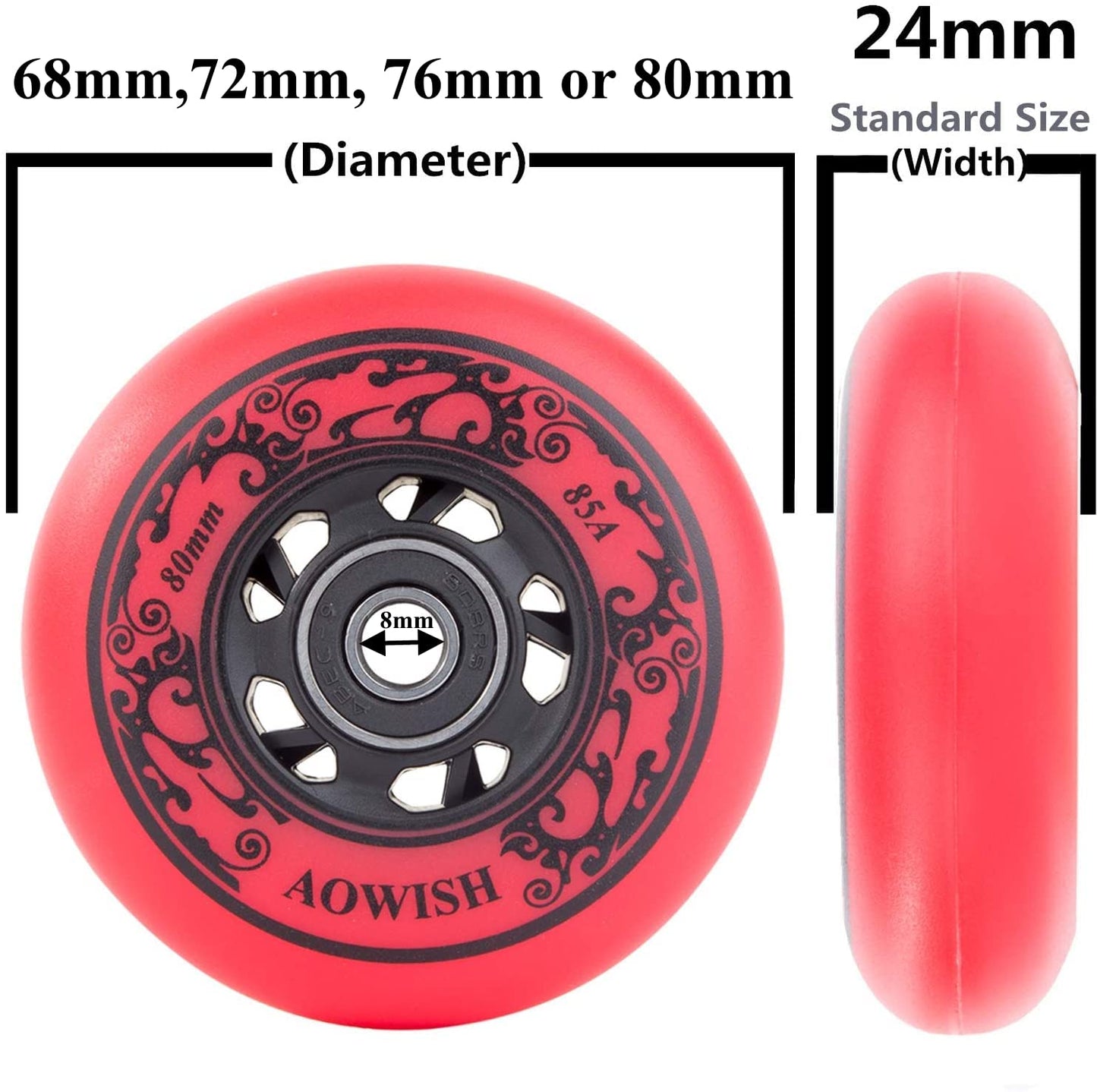 AOWISH Inline Skate Wheels, Outdoor Asphalt Formula, 4-Pack (Red, 76mm)