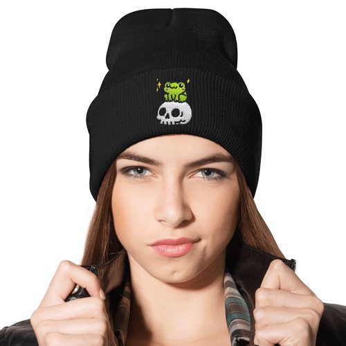AIMASTZ Cute Frog Skeleton Embroidered Beanie Knit Hat for Men Women, Halloween Goth Graphic Winter Black Skull Cap