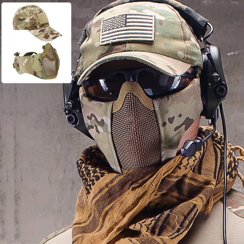 Aoutacc Half Face Airsoft Mesh Mask and Cap Set,Foldable Mesh Mask with Ear Protection for Airsoft Paintball BB Gun with Adjustable Baseball Cap (MC02)