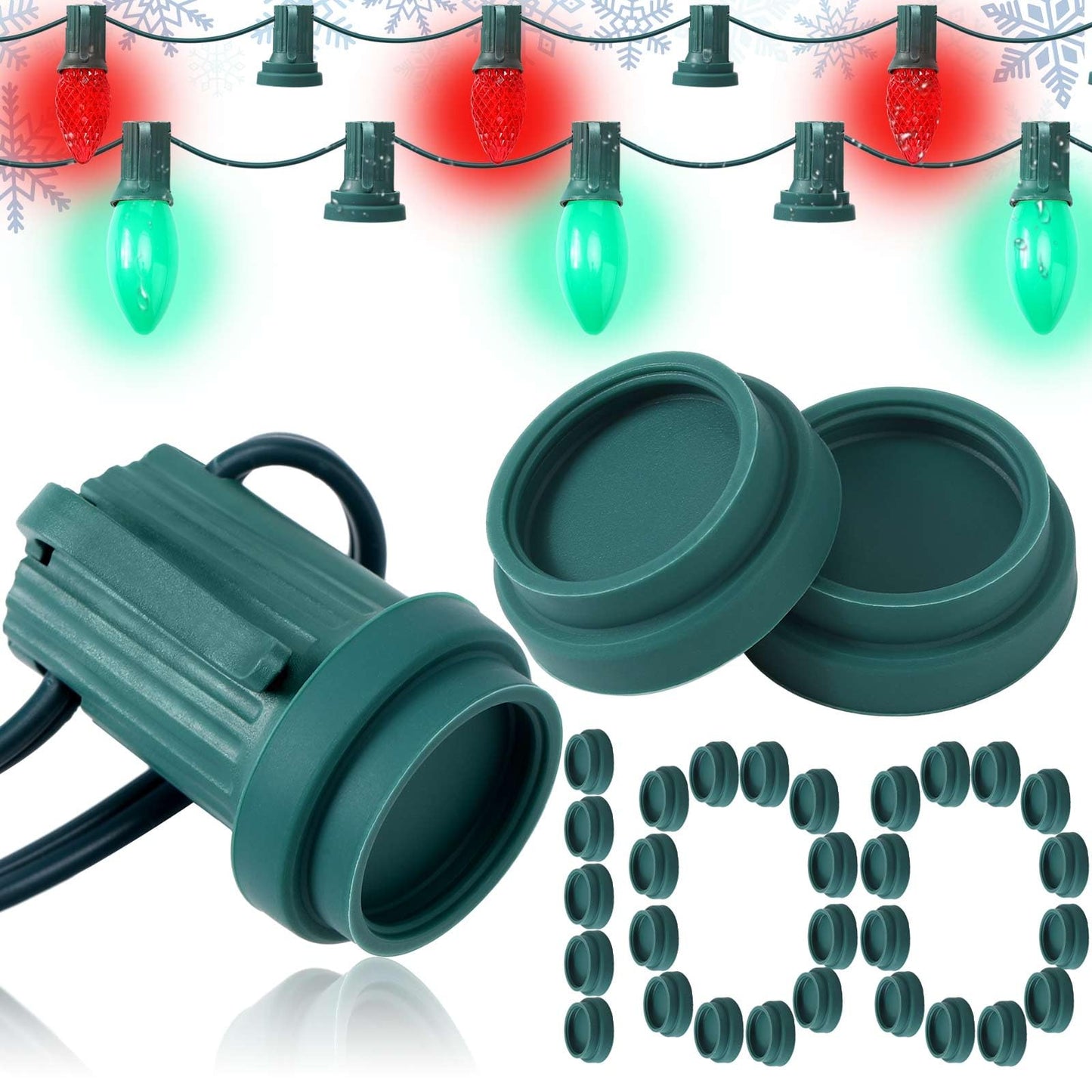 Threlaco 50 Pcs Christmas Light Socket Cap Safety Plugs for C9 and C7 Bulbs Double Sided Stringers Light Socket Cap Covers Bulb Plugs Cover for Holiday Xmas Winter Covering Unused Outdoor Lamp (Green)