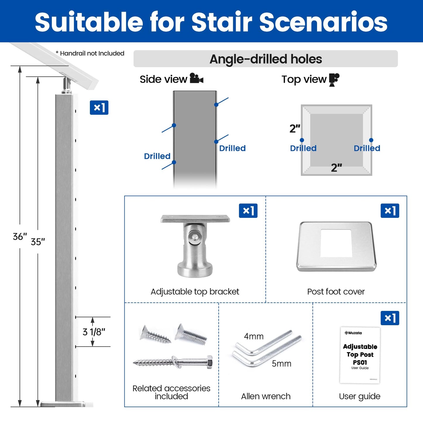 Muzata Stair Cable Railing Post 36 Inch for 25-35 Degrees Stair 36"x2"x2" Surface Mount Brushed T304 Stainless Steel Cable Railing System Kit Indoor Outdoor with Paper User Guide PS01 LA4S