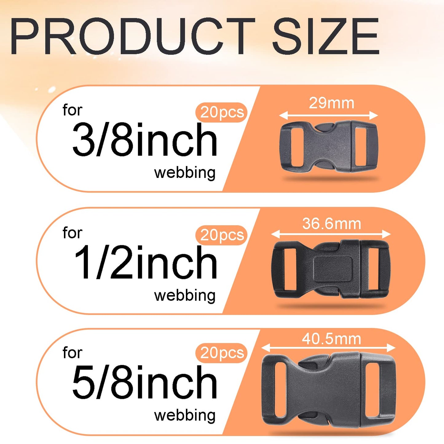 CooBigo 60 Pack Paracord Bracelets Buckles, 5/8, 1/2 and 3/8 Inch Contoured Paracord Buckles, Plastic Side Release Clasp for Parachute 550 Cord Bracelets Clasps Clip Dog Collar Accessories (20 Each)