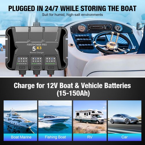 3 Bank Marine Battery Charger - 15A Waterproof Onboard Charger for SLA/AGM & Lithium Batteries | 12V Battery Maintainer
