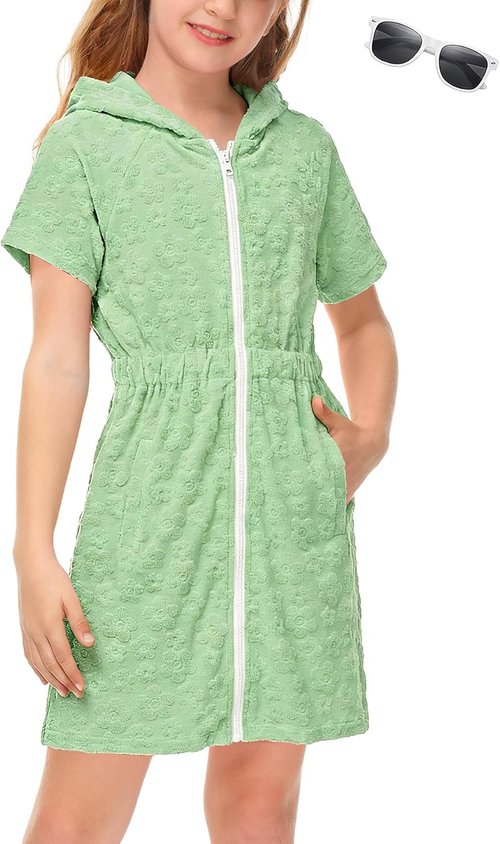 BesserBay Girls Swim Cover-Up - Zip-Up Terry Cloth Bathing Suit Robe with Sunglasses | Ages 6-14