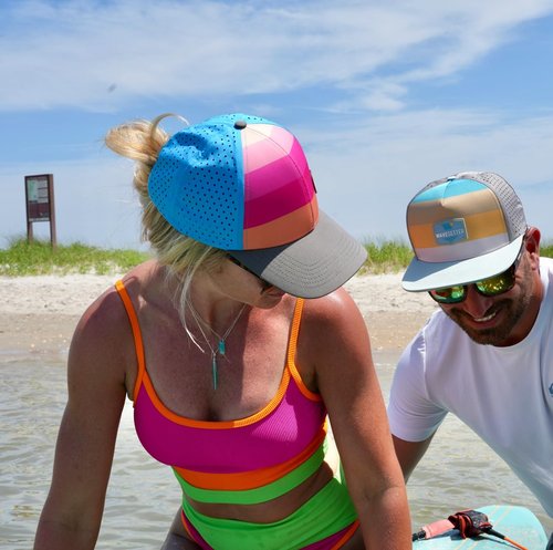 WAVESETTER Beach Trucker Hats for Men | Women | Boys | Girls Snapback Caps | Lightweight, Breathable | Curved Brim for Beach, Running, Workout, Fishing, Boating Curved Brim (Tropical Sunset)