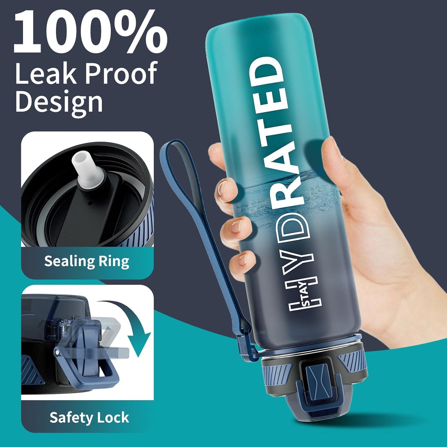 QLUR 32oz Motivational Water Bottle - BPA-Free Tritan with Time Marker & Carry Strap | Leakproof for Gym & Outdoor Use