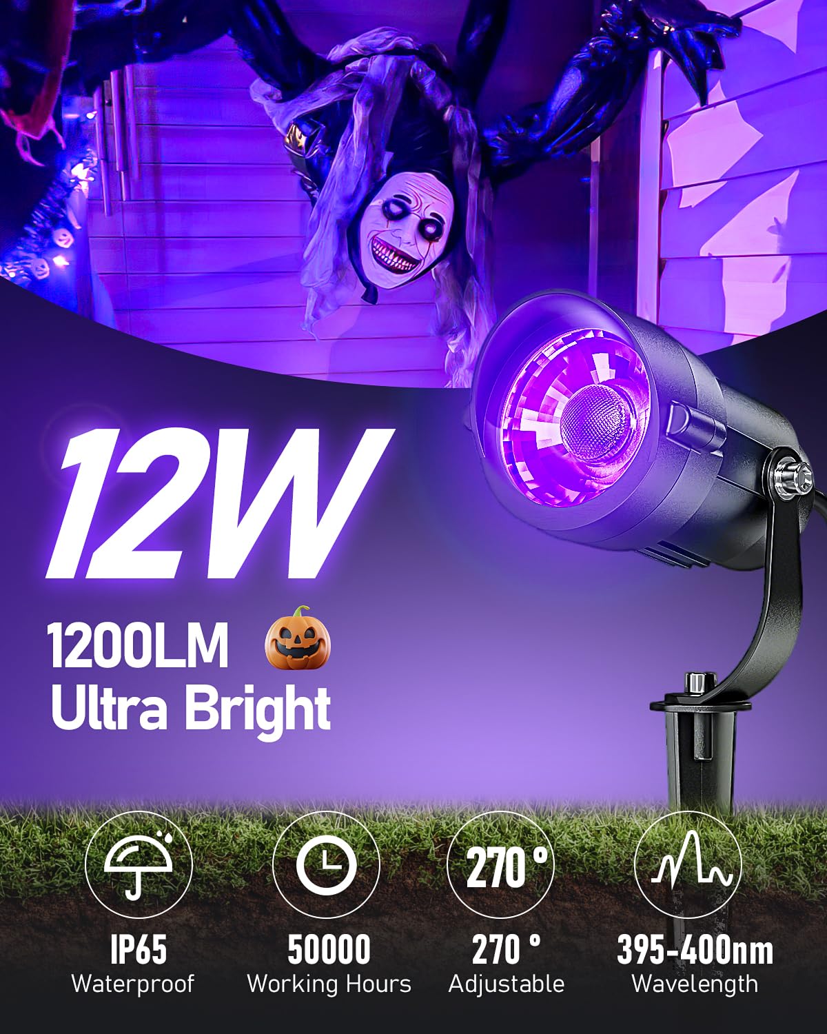 HIBOITEC Halloween Black Light Spotlight Outdoor 12W IP65 Waterproof LED Spot Lights Landscape Lighting with 4.9ft US Plug for Glow Party Body Paint Yard Garden Decorations 1Pack
