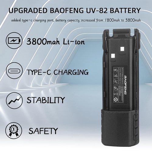 BAOFENG UV-82 Battery,Upgrade 3800mAh High Capacity Extended BL-8 Battery with Type-C Charger for BAOFENG UV-82 UV-82L UV-82C UV-89 GMRS Series Two-Way Radio (2Pack)