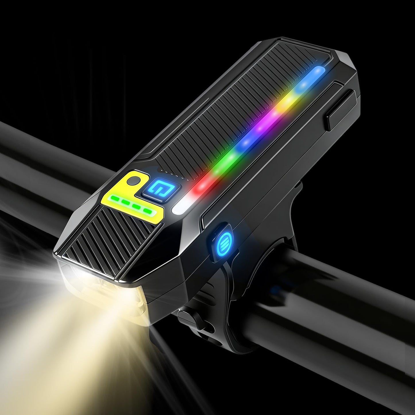 HAARAY Bright LED Bike Headlight with RGB Side Lights & Light Sensor, 5+10 Modes 2400mAh USB-C Rechargeable Bicycle Lights Waterproof, 360°Rotatable Strap Mount Bike Front Lights for Night Riding