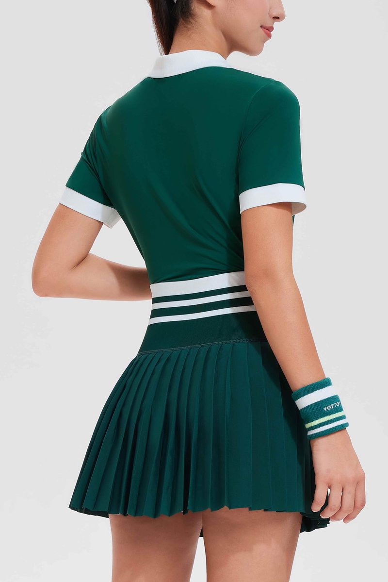 Tennis Skirt Sets for Women Zipper Color Block High Waisted Golf Polo Two Piece Skirt Set Women 2 Piece Outfits Green