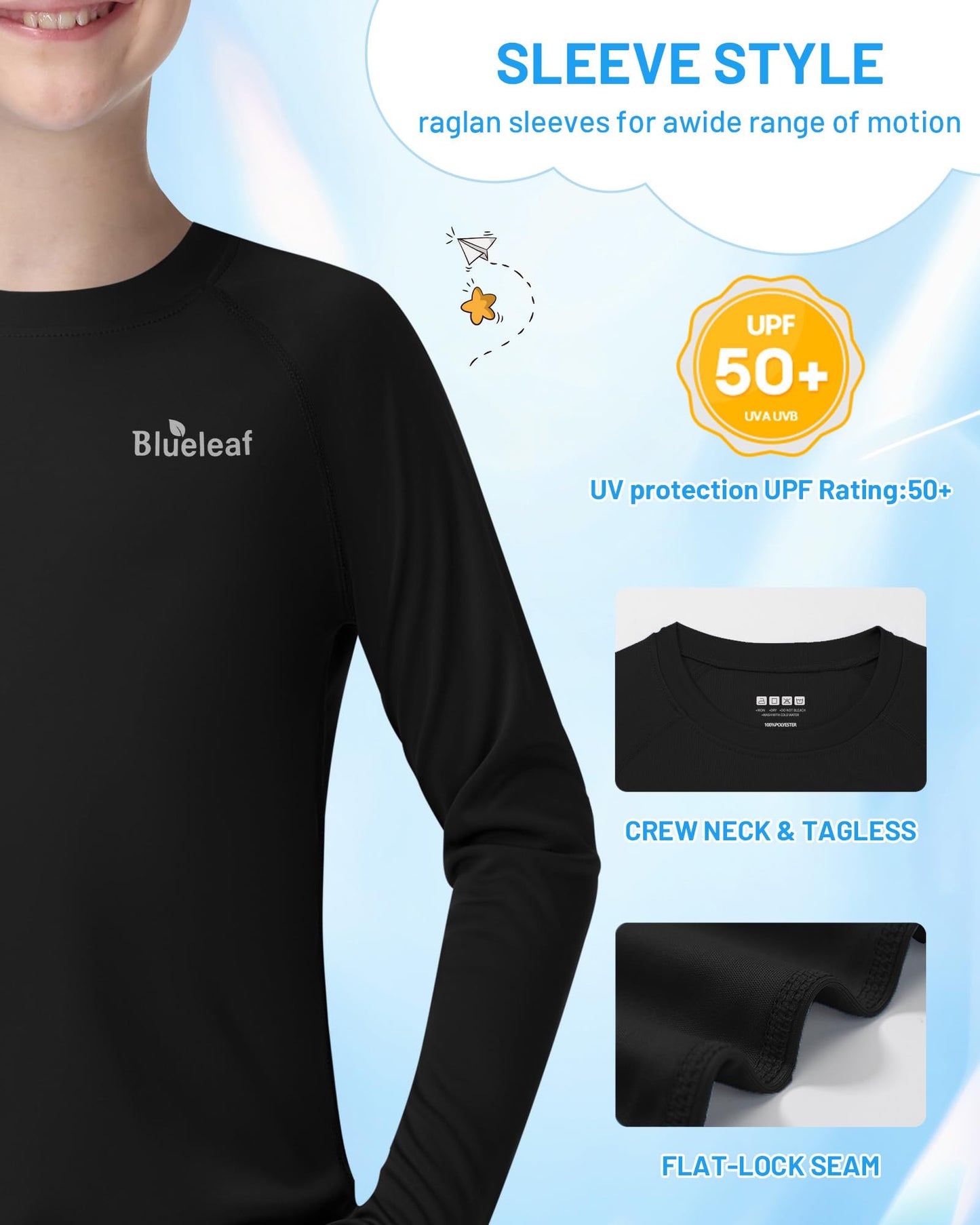 Blueleaf Boys UPF 50+ Sun Protection Shirt 2T to Youth Long Sleeve UV Swim Rash Guard for Beach Surf Quick Dry