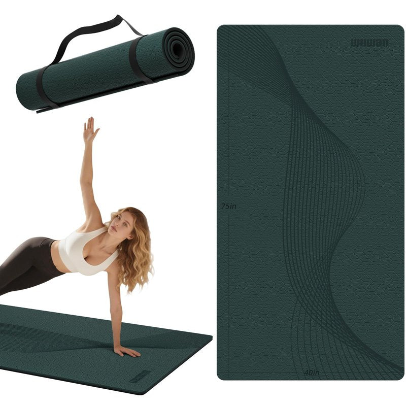 WUWAN Large Yoga Mat 76"x 40"x10mm (2/5 inch) – Extra Thick & Wide, TPE Fitness Mat, Printed Non-Slip Exercise Mat with Carrying Strap for Men & Women, Pilates, Stretching, Fitness & Workout (green/black)
