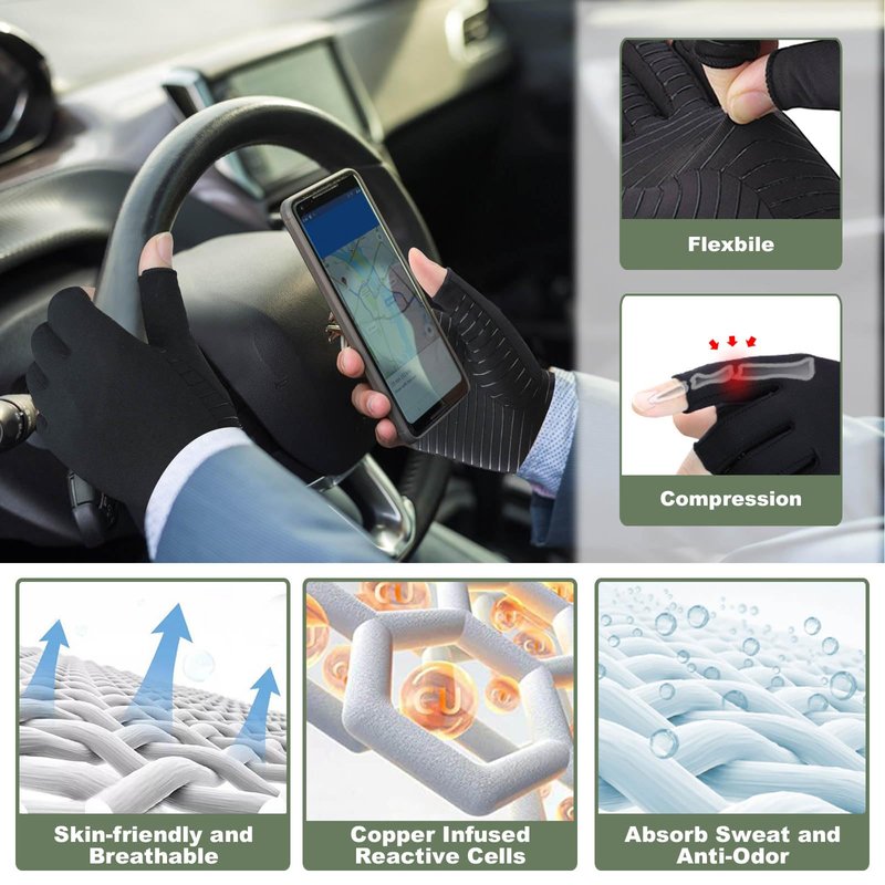 2 Pairs Copper Arthritis Gloves, Fingerless Compression Gloves for Men and Women, Pain Relief and Healing for Arthritis Hand, Carpal Tunnel, Typing and Daily Work (Black, Medium)