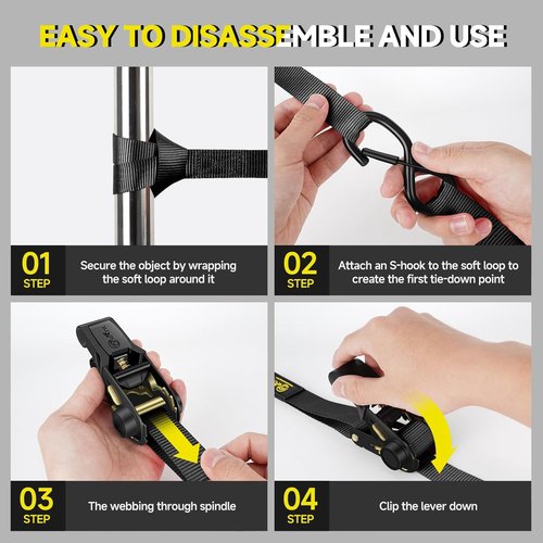 4Pcs Ratchet Tie Down Straps by [Brand Name] - 2400lb Break Strength | 1” x 16FT with Soft Loops & Safety S Hooks - Ideal for Trucks, Motorcycles, Moving & Appliances, Black
