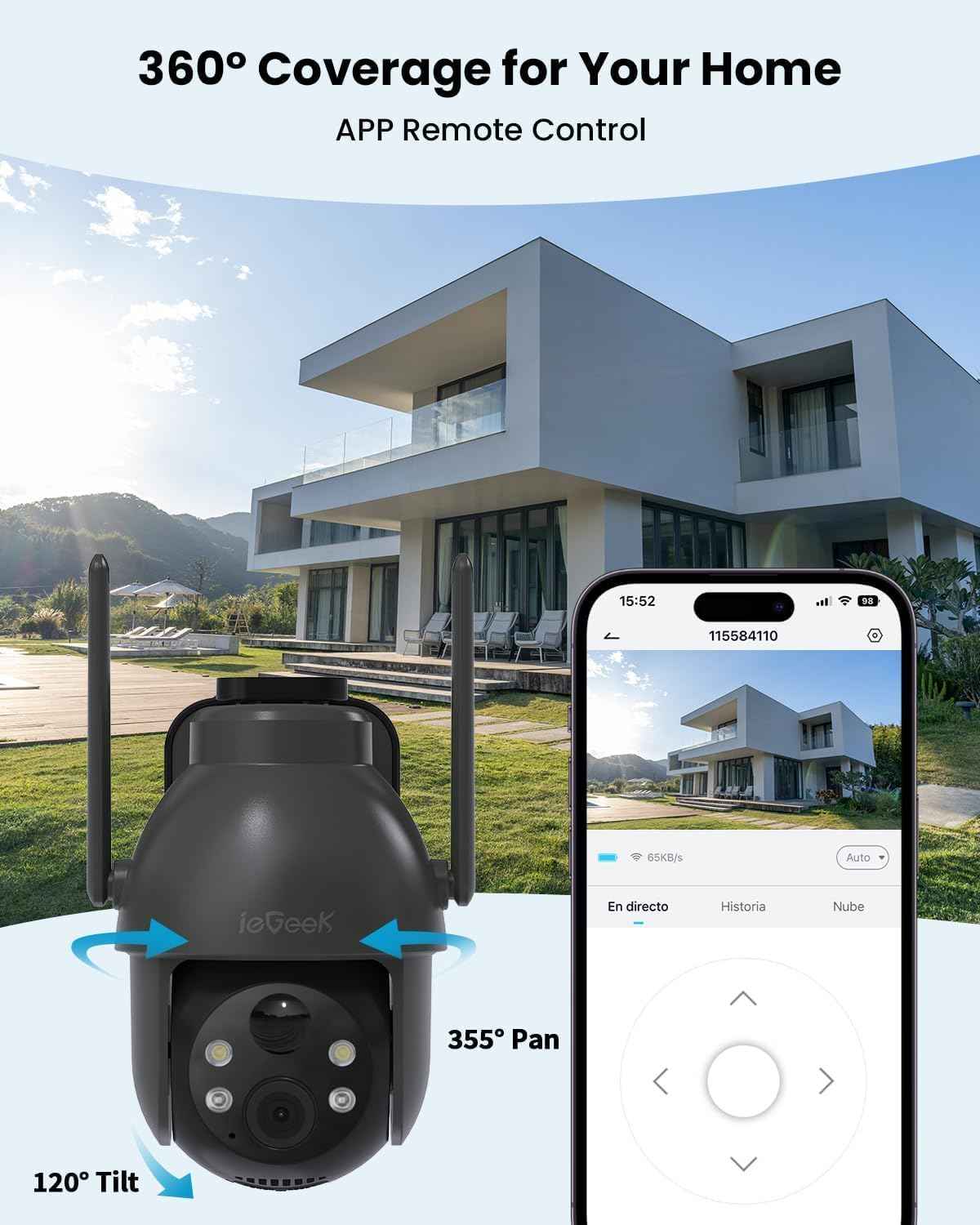 2K Solar Wireless Security Camera - Outdoor Battery-Powered Surveillance with 360° PTZ, Color Night Vision & 2-Way Audio