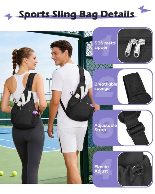 Black Pickleball Crossbody Sling Bag - Men's & Women's Pickleball Sports Backpack with Water Bottle Holder, Adjustable Pickleball