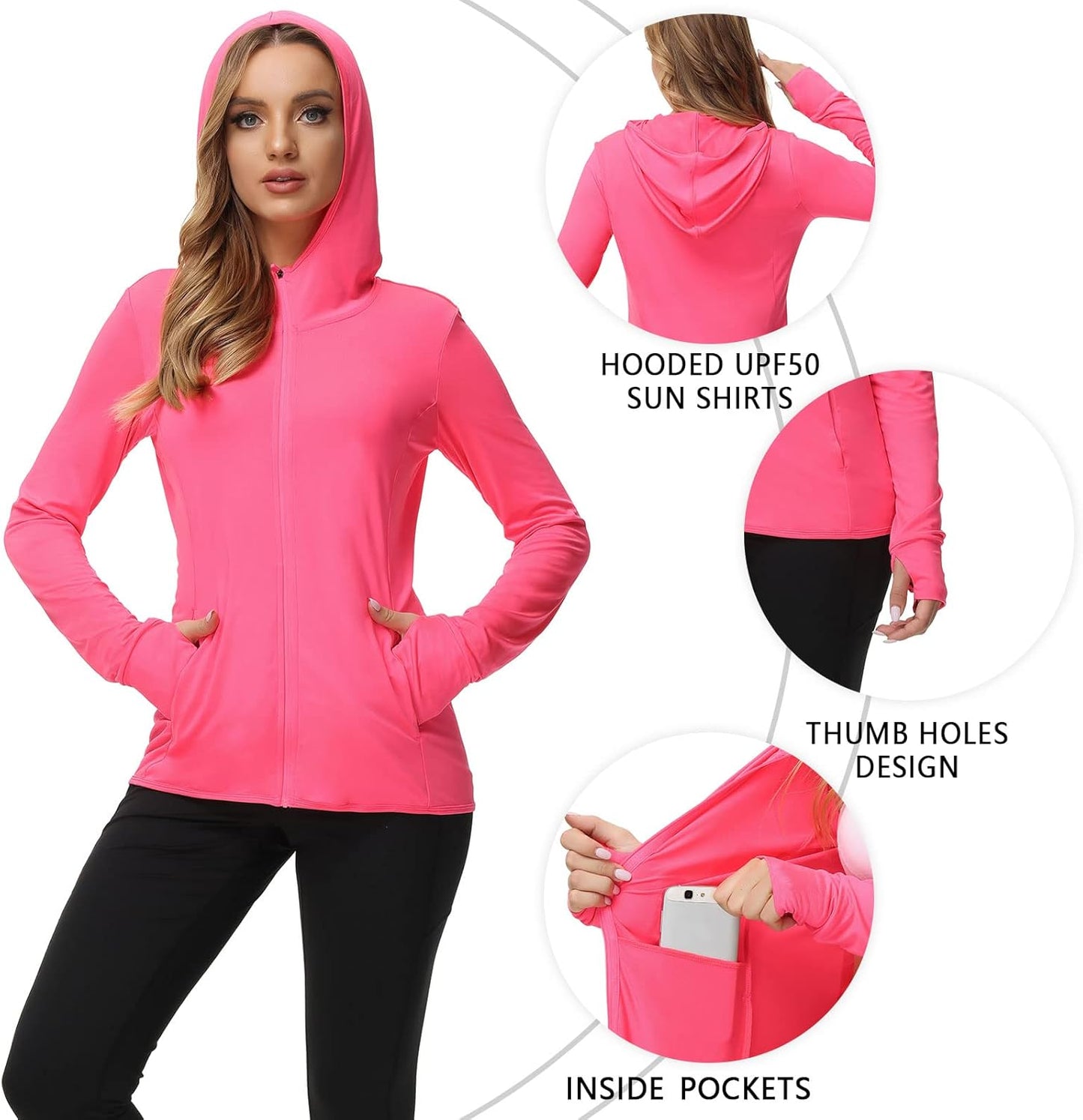 TIHEEN Women's Lightweight UPF 50+ Sun Protection Hoodie Jacket - Full Zip, Long Sleeve with Pockets