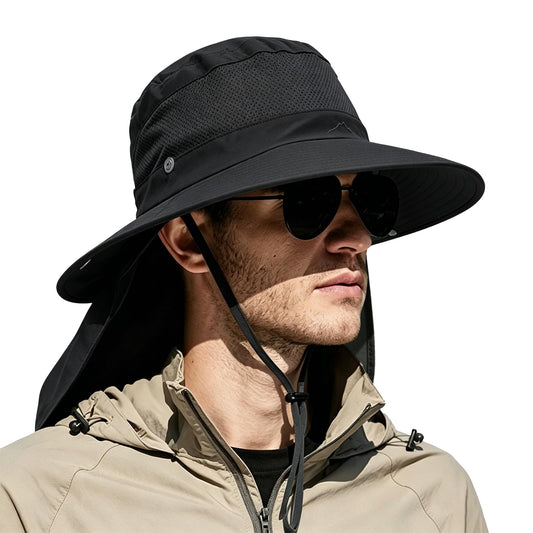 Outdoor Sun Hats with Stowable Neck Flap for Men Women UPF 50+ Mesh Summer Bucket Hat Wide Brim for Fishing Safari Hiking Black