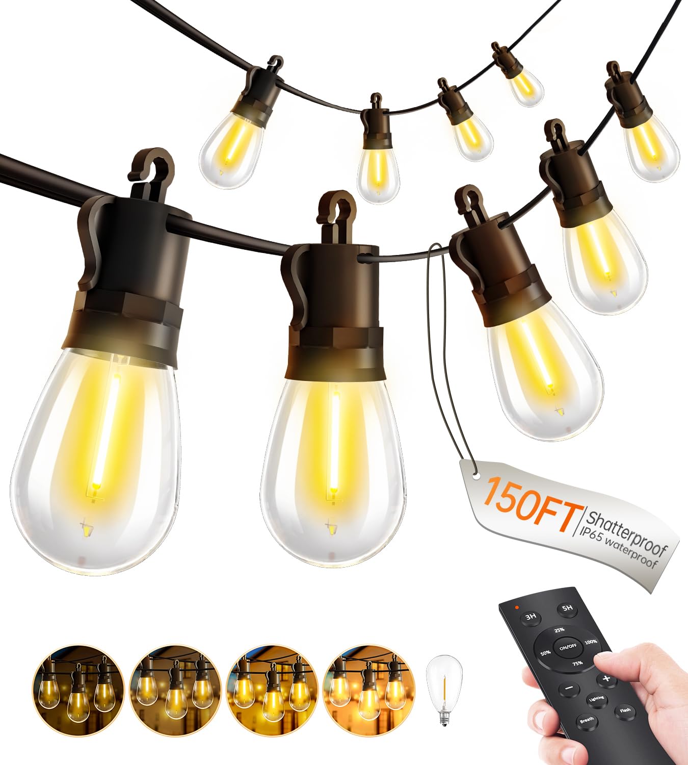 TBOSW Outdoor String Lights Patio LED Light Outside - 45M 43+2 S14 LED Dimmable 150ft Porch Lighting IP65 Waterproof