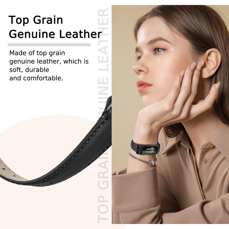 Farluya Leather Watch Bands Compatible with Fitbit Charge 6/Charge 5,Genuine Leather Replacement Straps for Charge 6/Charge 5 Accessories for Women Men.Black