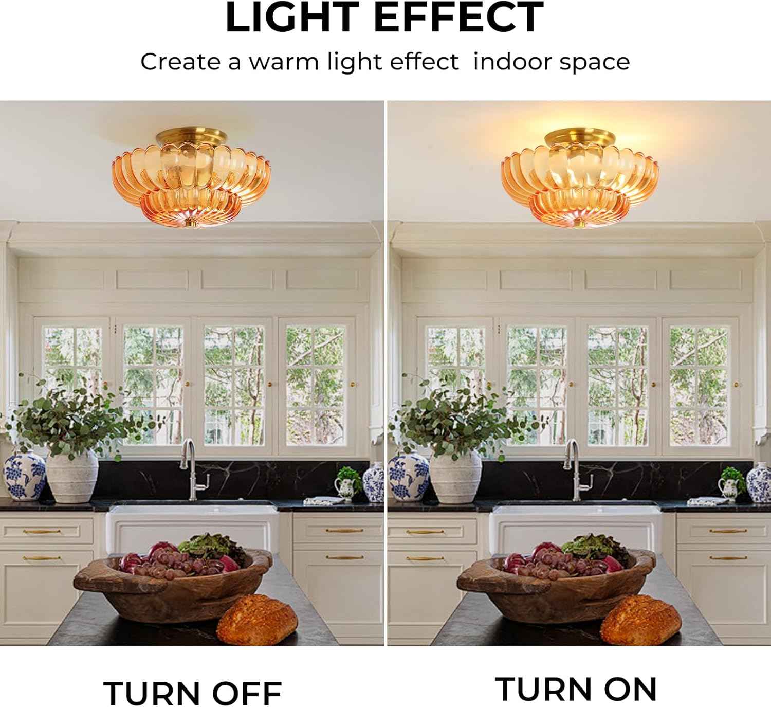 Modern Semi Flush Mount Ceiling Light Fixture with Brown Glass & Black Base - Ideal for Living Room, Kitchen, Bedroom, Hallway (Bulb Not Included)