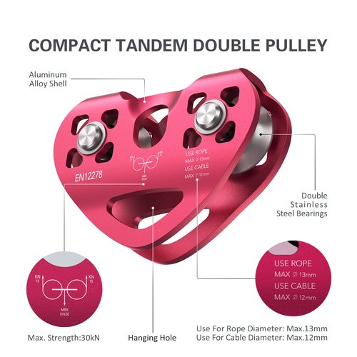 Lixada Zip Line Pulley 30KN Tandem Speed Double Pulley for 1/4 5/16 3/8 1/2 Cable Backyard Zipline, Hauling, Rigging and Commercial Purposes,Holds Upto 6700lbs