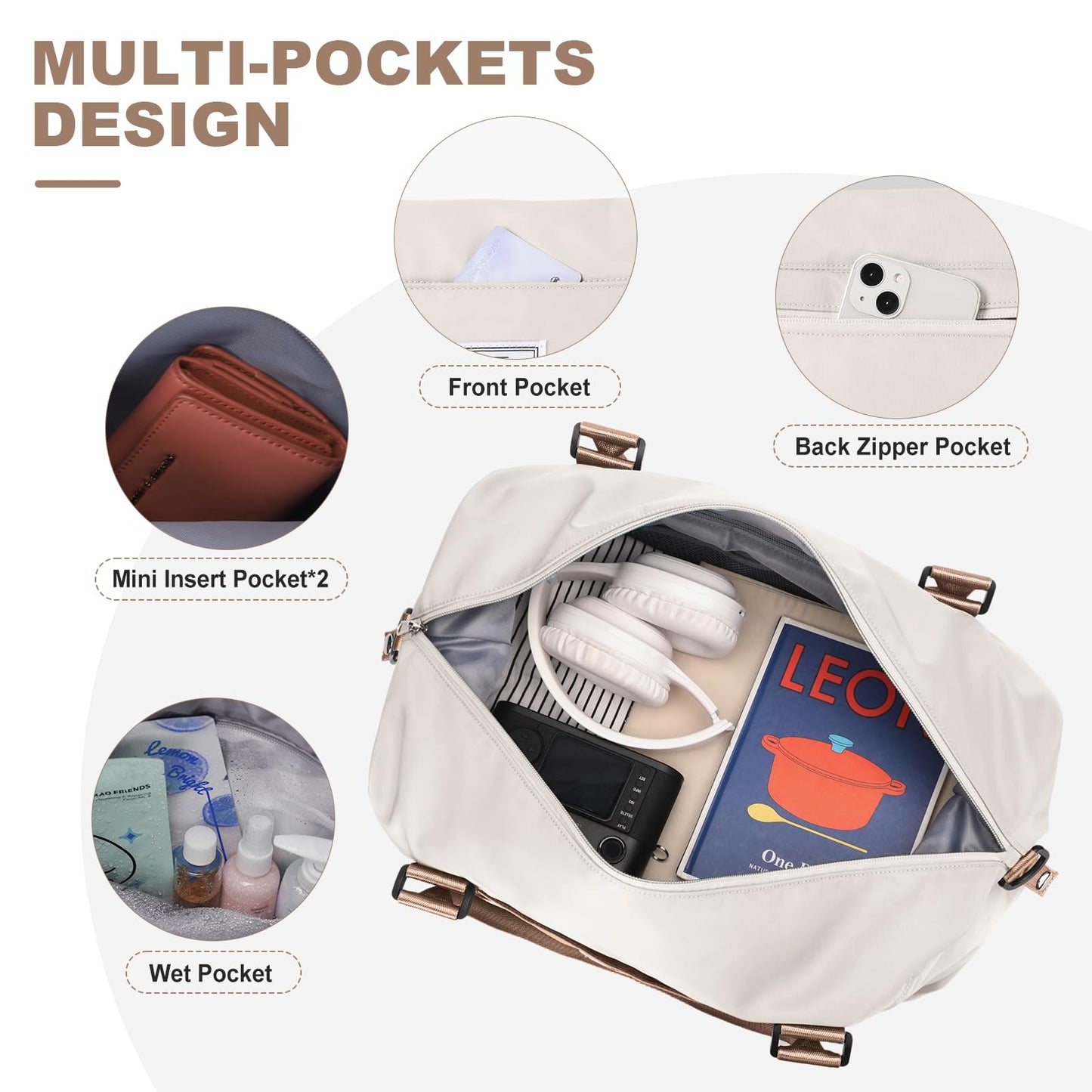 Travel Duffel Bag,Weekender Overnight Bag for Women,Carry-on with Wet Pocket,Extra Large,Beige & Brown