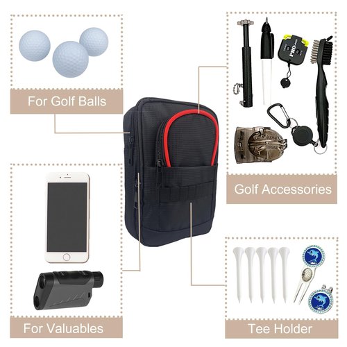Sevance Golf Accessory Bag with Valuables Pouch – Detachable Golf Pouch for Men & Women, Zippered Pockets for Balls, Tees & Essentials – Fits Golf Cart or Stand Bag (Red Edge)